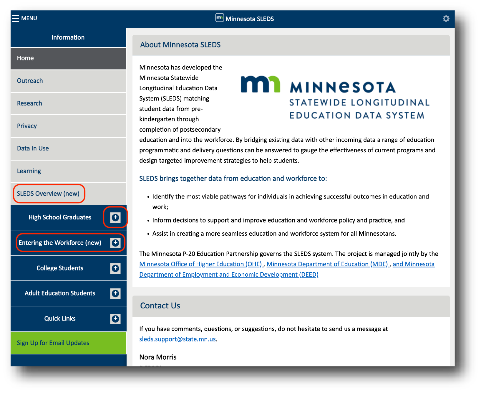 New menu highlighting SLEDS Overview, Entering the Workforce, and expandable report sections.