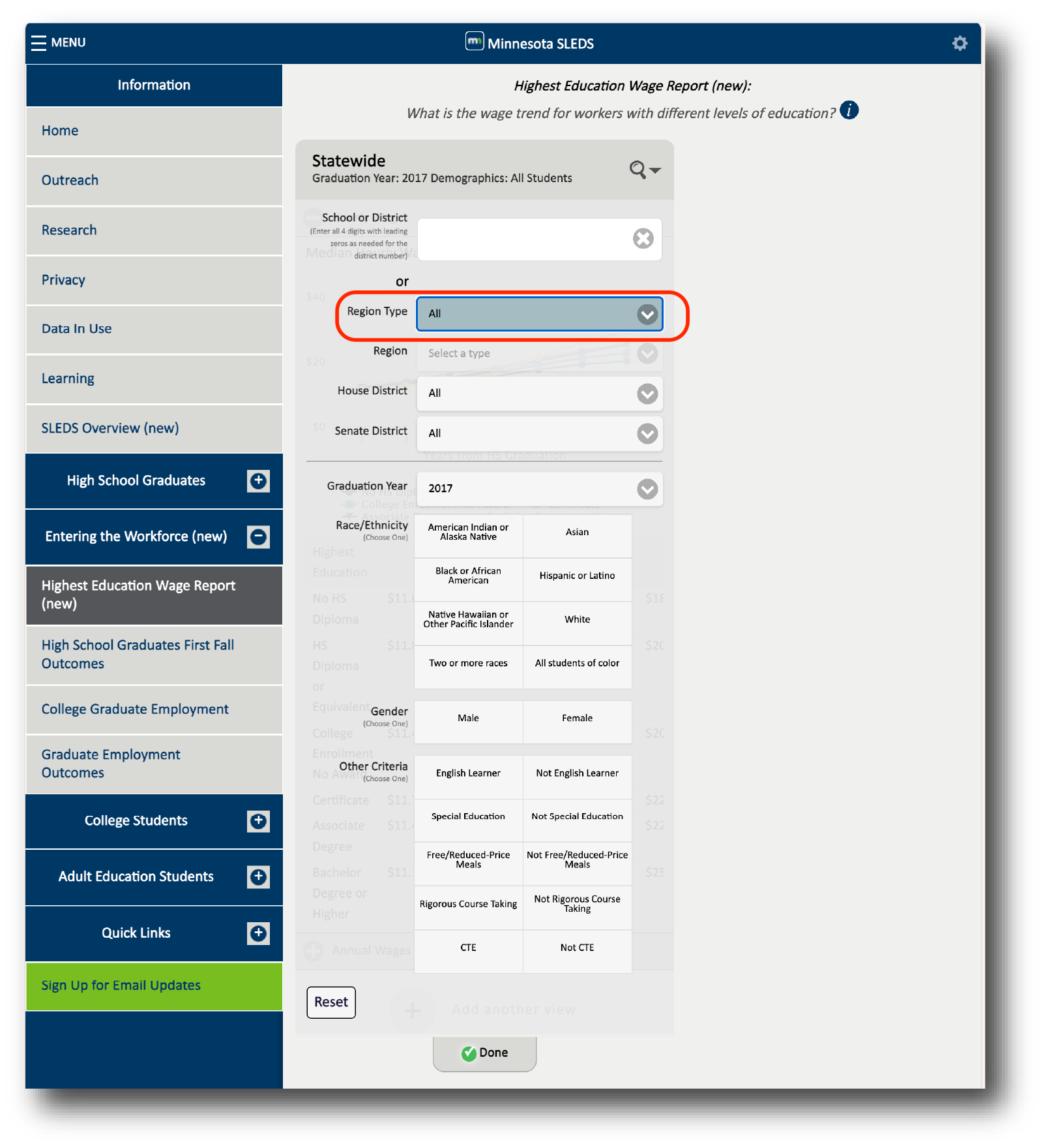 Filter options highlighting the new Region Type filter.