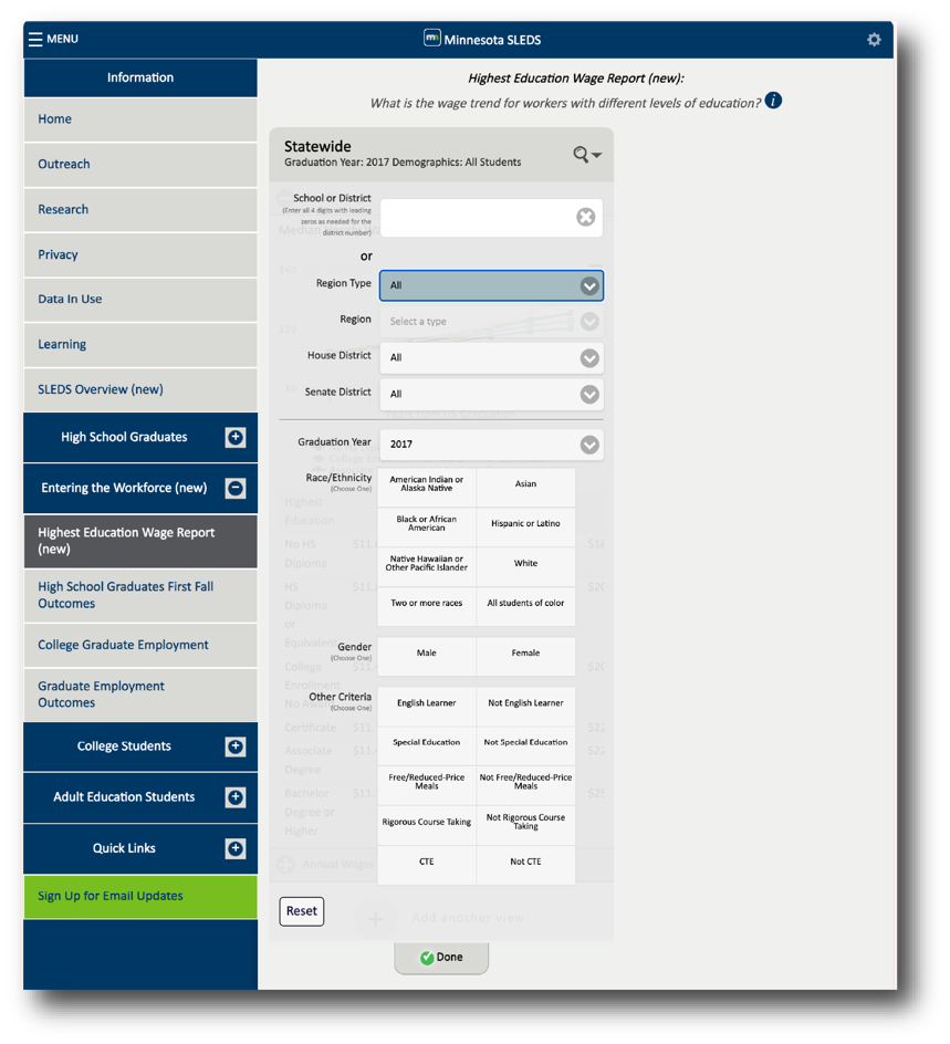 Highest Education Wage Report with filter options open.