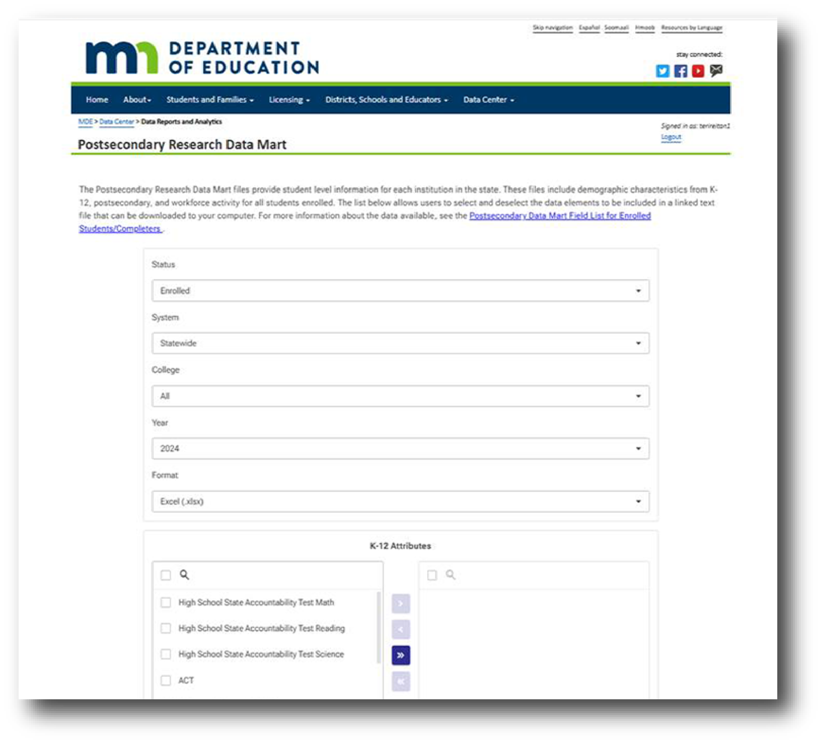 Preview of the new interface of the Postsecondary Research Data Mart private report.